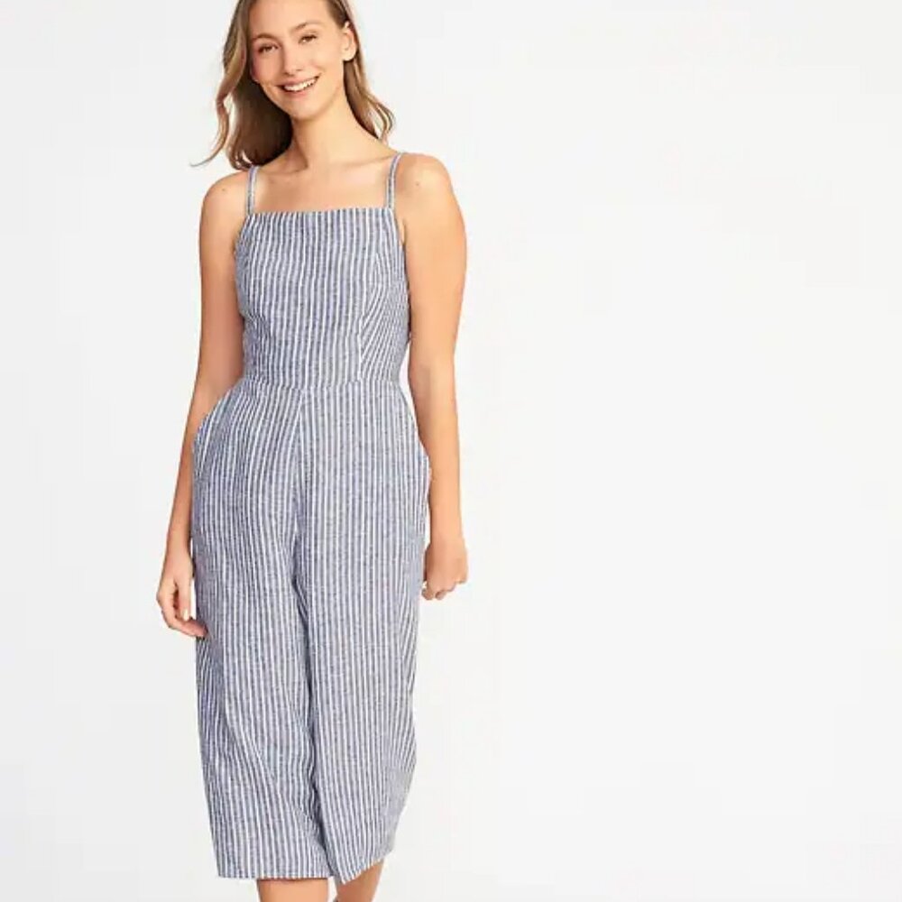 New Old Navy striped jumpsuit, blue, white striped, size large